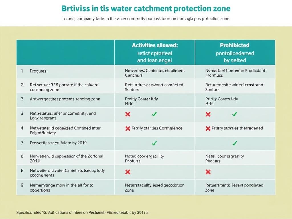 Règles spécifiques en zone de protection de captage. Tabla comparativa: actividades permitidas, restringidas y prohibidas por zona