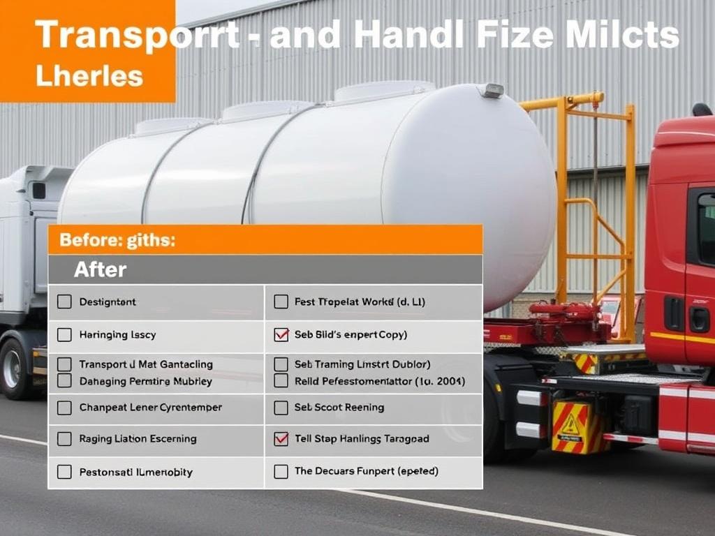 Transport und Handhabung großer Tanks. Checklist rápida en formato de tabla: antes, durante y después