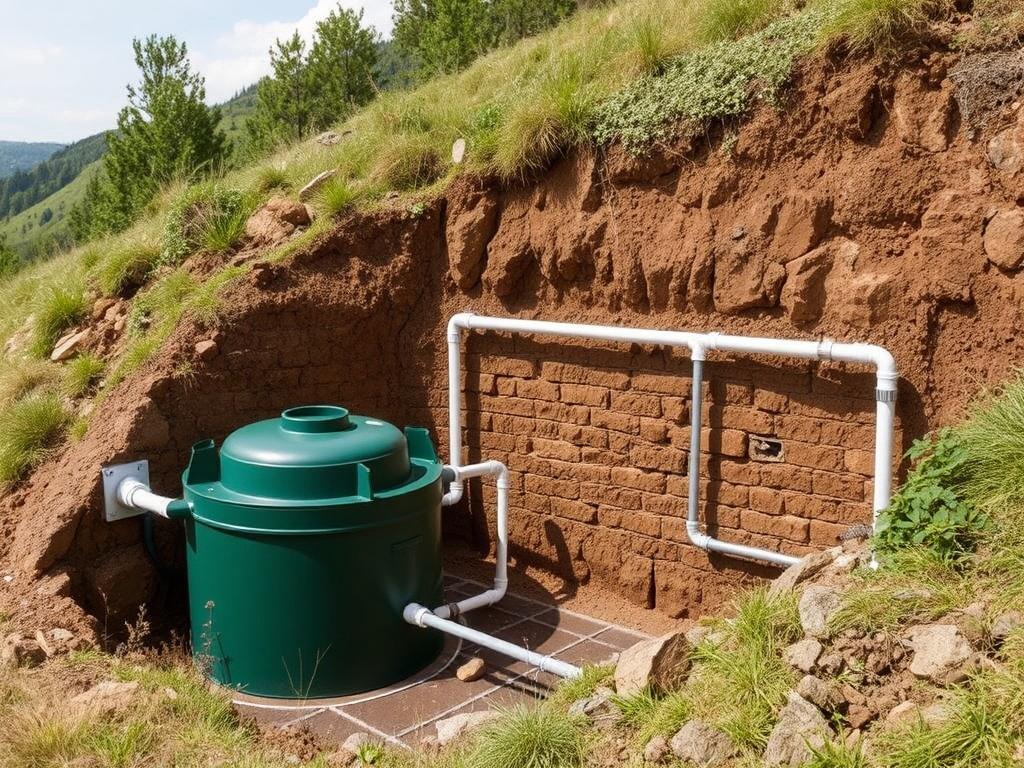 Kleinkläranlage im Hang einbauen. Tuberías, pendiente y conexiones hidráulicas