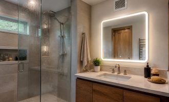 Зеркало с LED-подсветкой рядом с душевой и вентиляцией в ванной частного дома